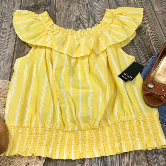 NWT A.n.a. Ruffled yellow striped top. SZ Lg. - Picture 2 of 8